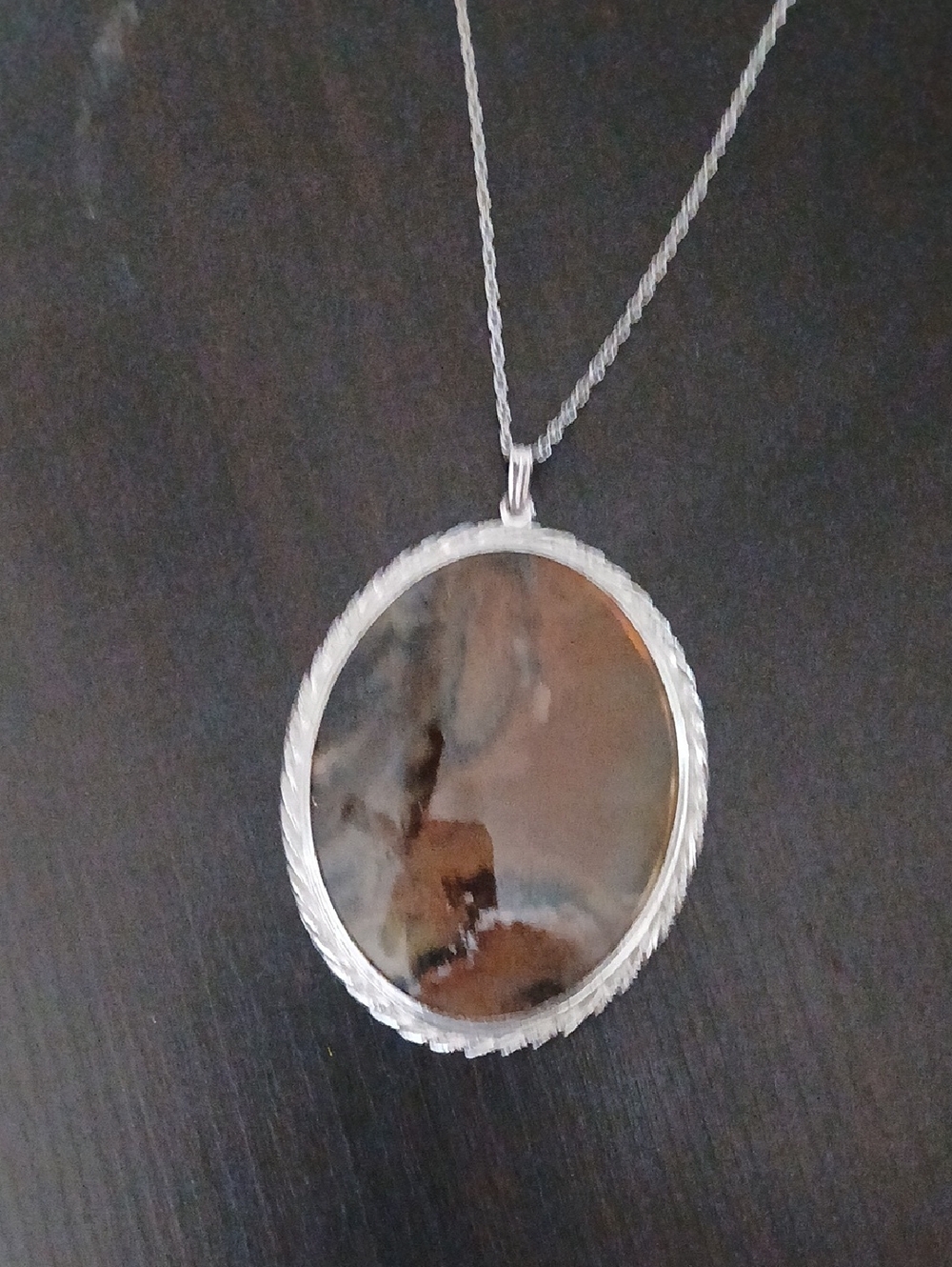 Silver-Tone Oval Brown Stone Pendant Necklace